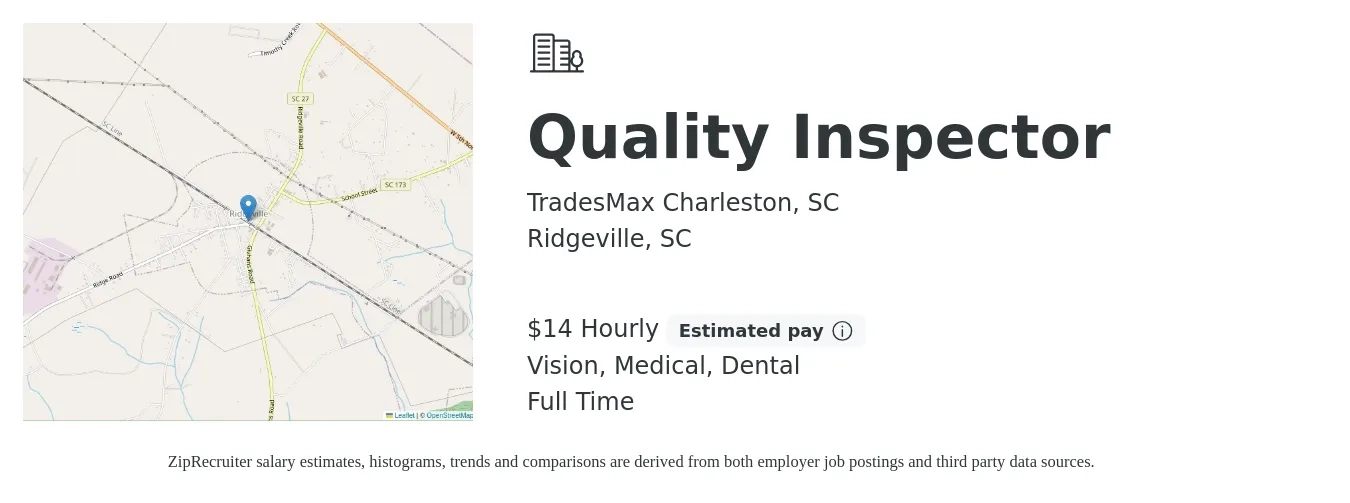 TradesMax Charleston, SC job posting for a Quality Inspector in Ridgeville, SC with a salary of $15 Hourly and benefits including vision, dental, medical, and pto with a map of Ridgeville location.