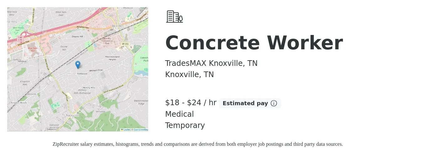 TradesMAX Knoxville, TN job posting for a Concrete Worker in Knoxville, TN with a salary of $16 to $19 Hourly and benefits including medical with a map of Knoxville location.