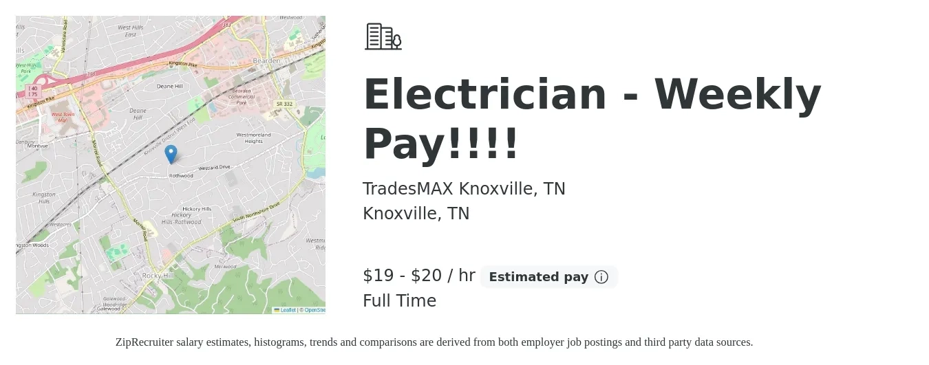 TradesMAX Knoxville, TN job posting for a Electrician - Weekly Pay!!!! in Knoxville, TN with a salary of $20 to $21 Hourly with a map of Knoxville location.