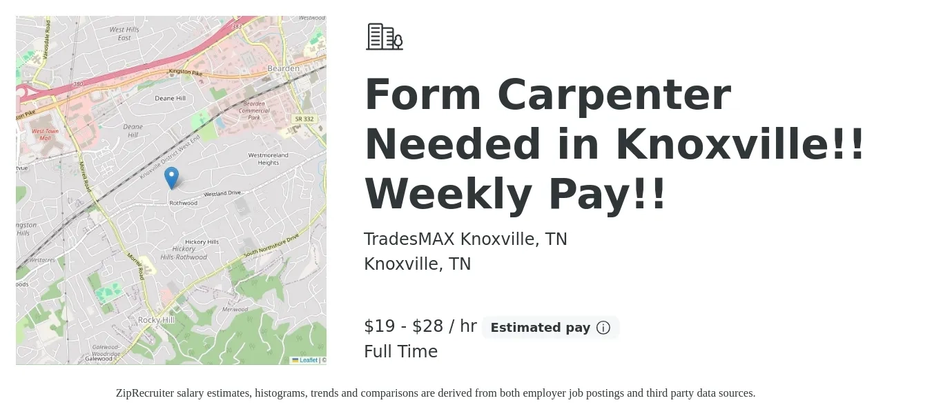 TradesMAX Knoxville, TN job posting for a Form Carpenter Needed in Knoxville!! Weekly Pay!! in Knoxville, TN with a salary of $20 to $30 Hourly and benefits including medical with a map of Knoxville location.