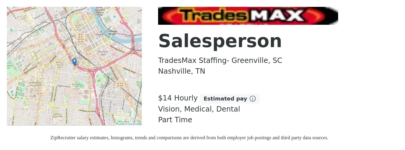TradesMax Staffing- Greenville, SC job posting for a Salesperson in Nashville, TN with a salary of $16 Hourly and benefits including dental, medical, and vision with a map of Nashville location.