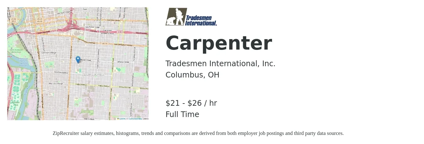 Tradesmen International, Inc. job posting for a Carpenter in Columbus, OH with a salary of $22 to $28 Hourly with a map of Columbus location.