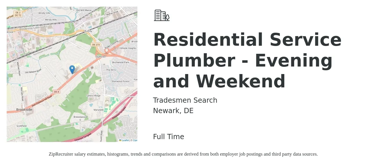 Tradesmen Search job posting for a Residential Service Plumber - Evening and Weekend in Newark, DE with a salary of $26 to $40 Hourly with a map of Newark location.