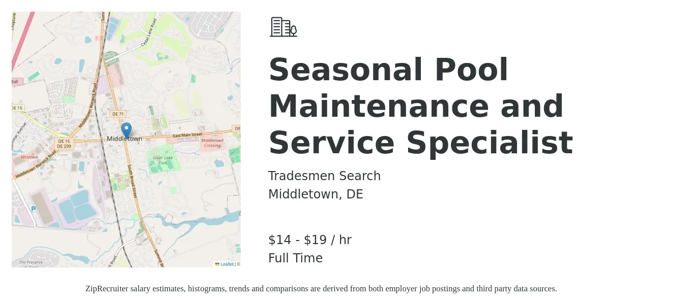 Tradesmen Search job posting for a Seasonal Pool Maintenance and Service Specialist in Middletown, DE with a salary of $15 to $20 Hourly with a map of Middletown location.