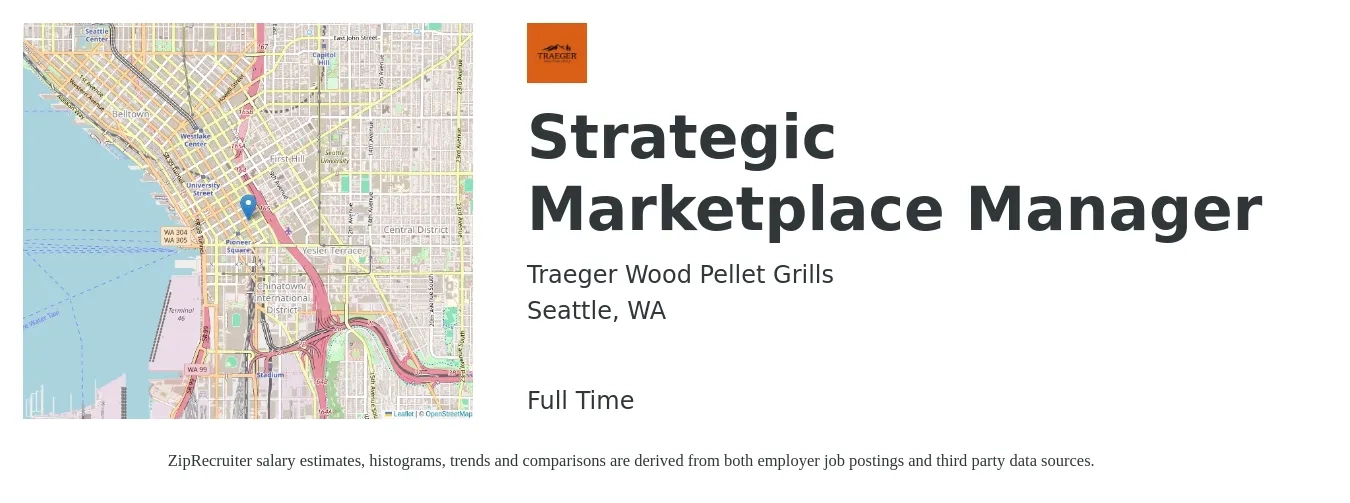 Traeger Wood Pellet Grills job posting for a Strategic Marketplace Manager in Seattle, WA with a salary of $107,500 to $132,000 Yearly with a map of Seattle location.