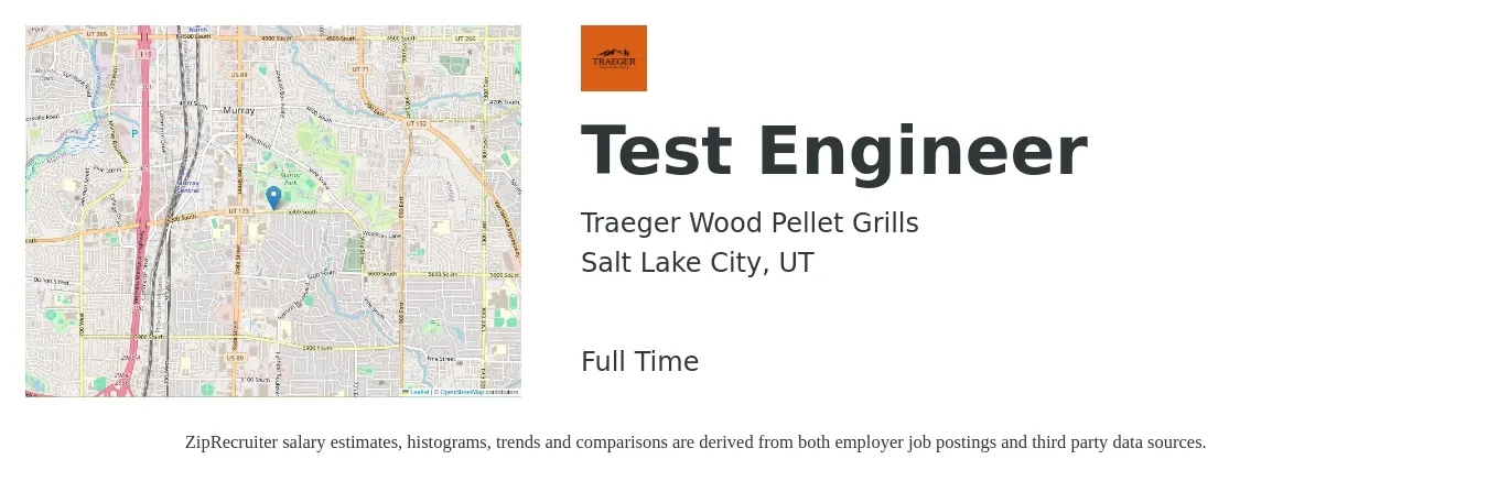 Traeger Wood Pellet Grills job posting for a Test Engineer in Salt Lake City, UT with a salary of $34 to $53 Hourly with a map of Salt Lake City location.