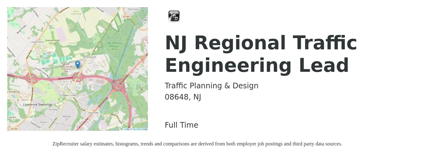 Traffic Planning & Design job posting for a NJ Regional Traffic Engineering Lead in 08648, NJ with a salary of $108,400 to $142,800 Yearly with a map of 08648 location.