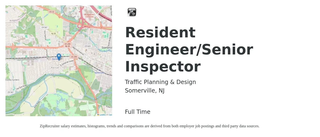 Traffic Planning & Design job posting for a Resident Engineer/Senior Inspector in Somerville, NJ with a salary of $101,400 to $129,600 Yearly with a map of Somerville location.
