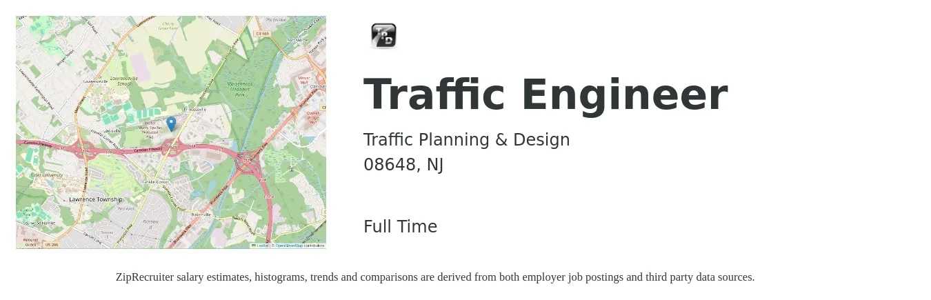 Traffic Planning & Design job posting for a Traffic Engineer in 08648, NJ with a salary of $92,000 to $125,300 Yearly with a map of 08648 location.