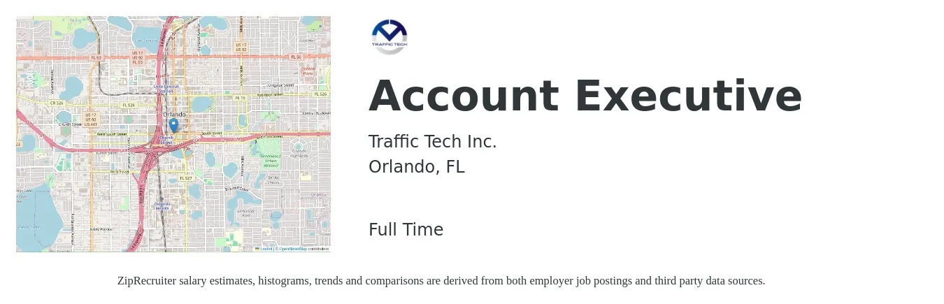 Traffic Tech Inc. job posting for a Account Executive in Orlando, FL with a salary of $50,400 to $88,700 Yearly with a map of Orlando location.