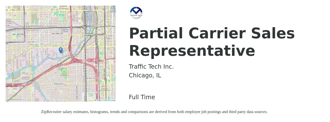 Traffic Tech Inc. job posting for a Partial Carrier Sales Representative in Chicago, IL with a salary of $43,300 to $62,900 Yearly with a map of Chicago location.