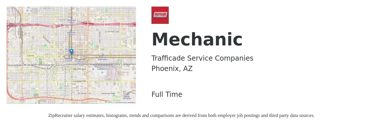 Trafficade Service Companies job posting for a Mechanic in Phoenix, AZ with a salary of $20 to $30 Hourly with a map of Phoenix location.