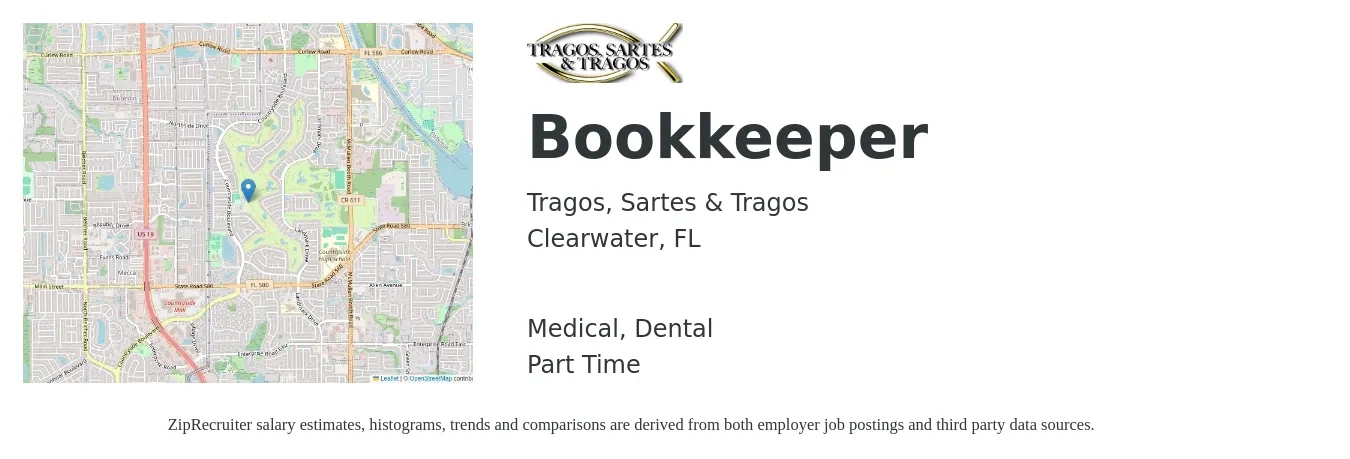 Tragos, Sartes & Tragos job posting for a Bookkeeper in Clearwater, FL with a salary of $19 to $26 Hourly and benefits including dental, life_insurance, medical, pto, and retirement with a map of Clearwater location.