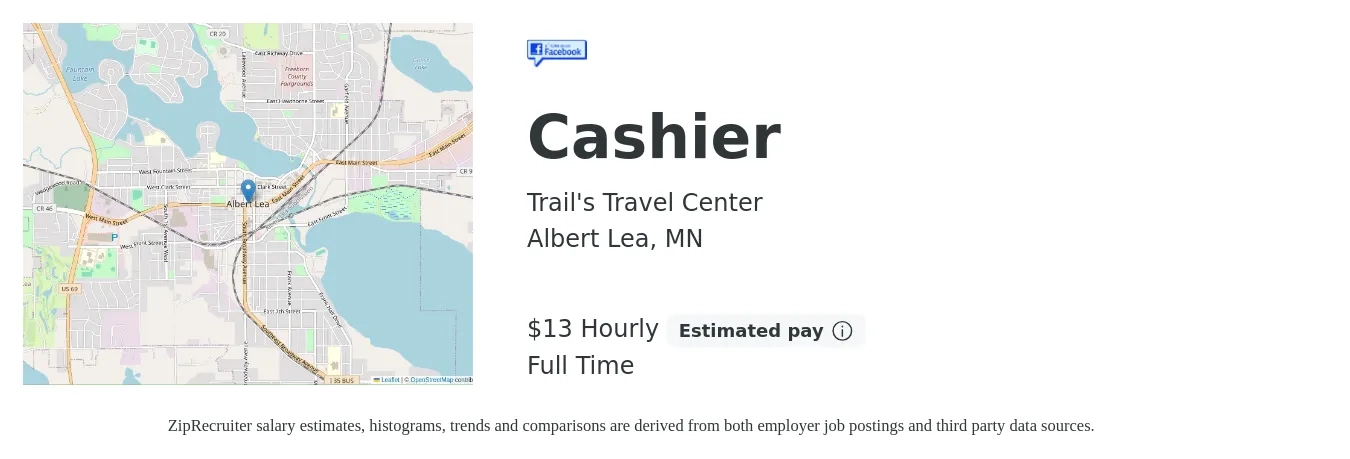 Trail's Travel Center job posting for a Cashier in Albert Lea, MN with a salary of $14 Hourly with a map of Albert Lea location.