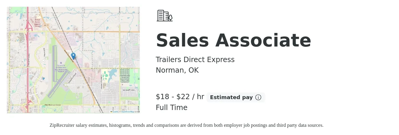 Trailers Direct Express job posting for a Sales Associate in Norman, OK with a salary of $19 to $23 Hourly with a map of Norman location.
