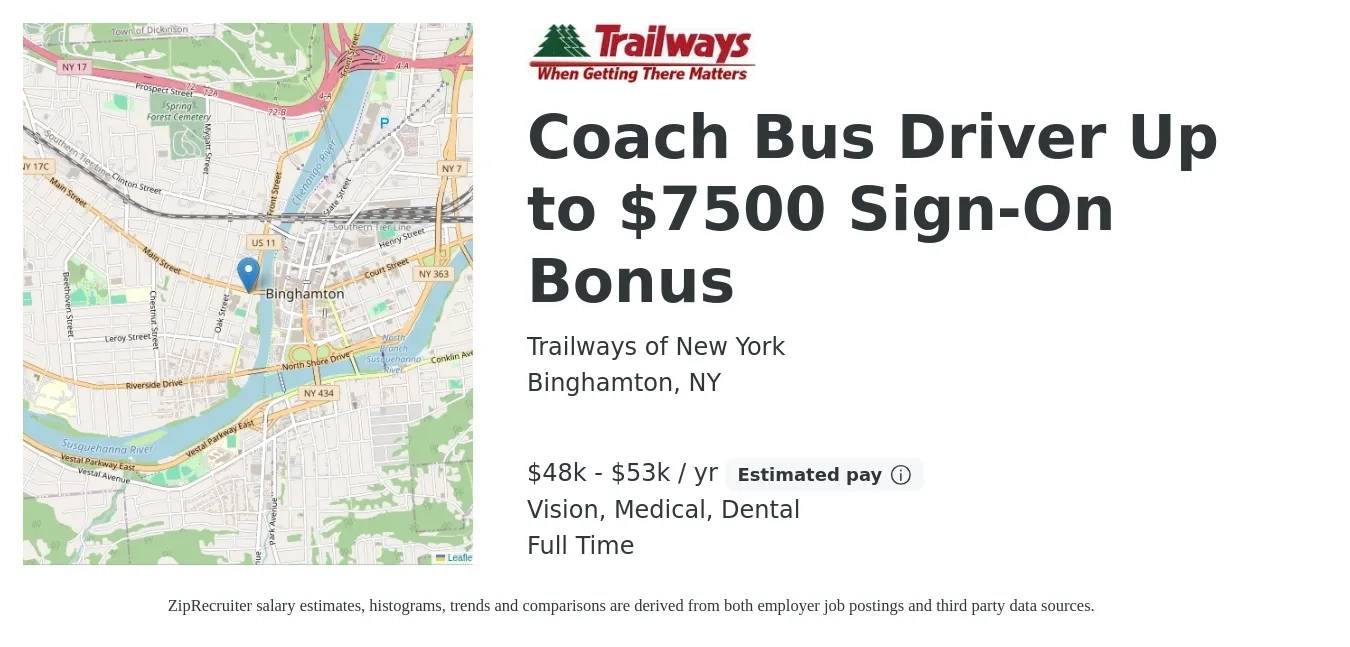 Trailways of New York job posting for a Coach Bus Driver Up to $7500 Sign-On Bonus in Binghamton, NY with a salary of $48,000 to $53,000 Yearly and benefits including pto, vision, dental, life_insurance, and medical with a map of Binghamton location.