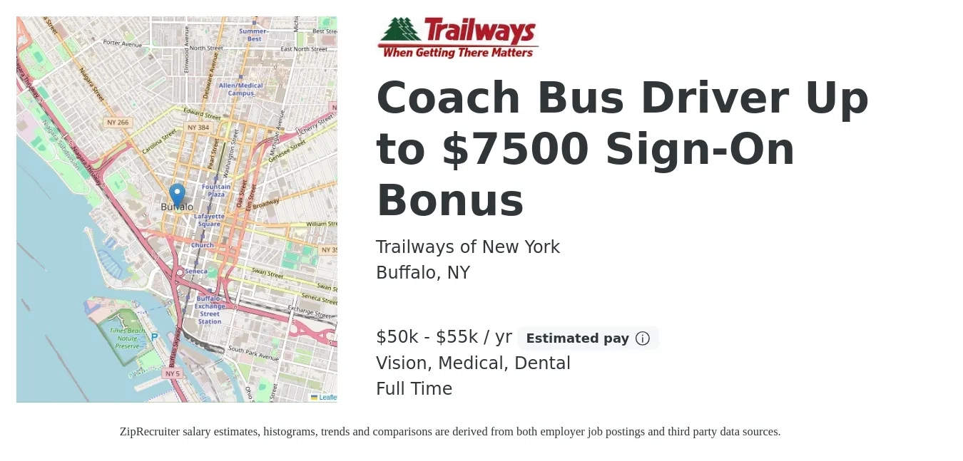 Trailways of New York job posting for a Coach Bus Driver Up to $7500 Sign-On Bonus in Buffalo, NY with a salary of $50,000 to $55,000 Yearly and benefits including life_insurance, medical, pto, vision, and dental with a map of Buffalo location.