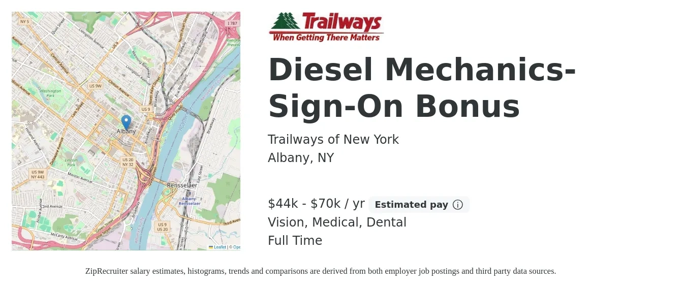 Trailways of New York job posting for a Diesel Mechanics-Sign-On Bonus. in Albany, NY with a salary of $44,300 to $70,300 Yearly and benefits including vision, dental, life_insurance, medical, and pto with a map of Albany location.