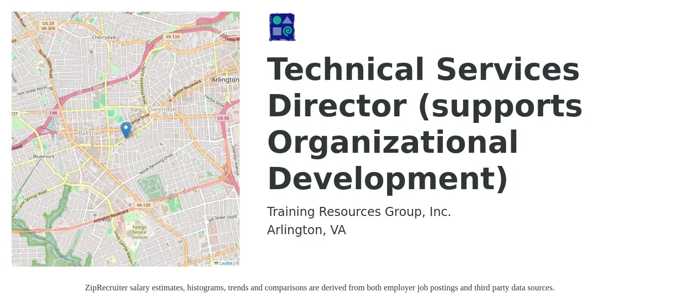 Training Resources Group, Inc. job posting for a Technical Services Director (supports Organizational Development) in Arlington, VA with a salary of $135,000 to $200,000 Yearly with a map of Arlington location.