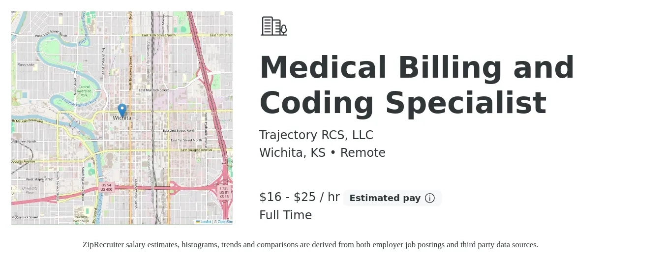 Trajectory RCS, LLC job posting for a Medical Billing and Coding Specialist in Wichita, KS with a salary of $17 to $26 Hourly with a map of Wichita location.