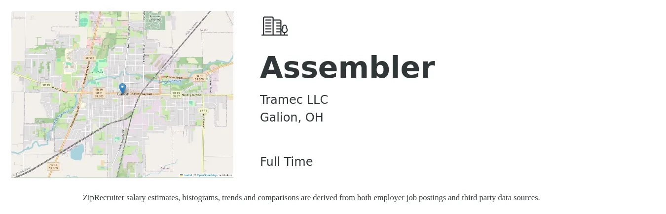 Tramec LLC job posting for a Assembler in Galion, OH with a salary of $13 to $16 Hourly with a map of Galion location.