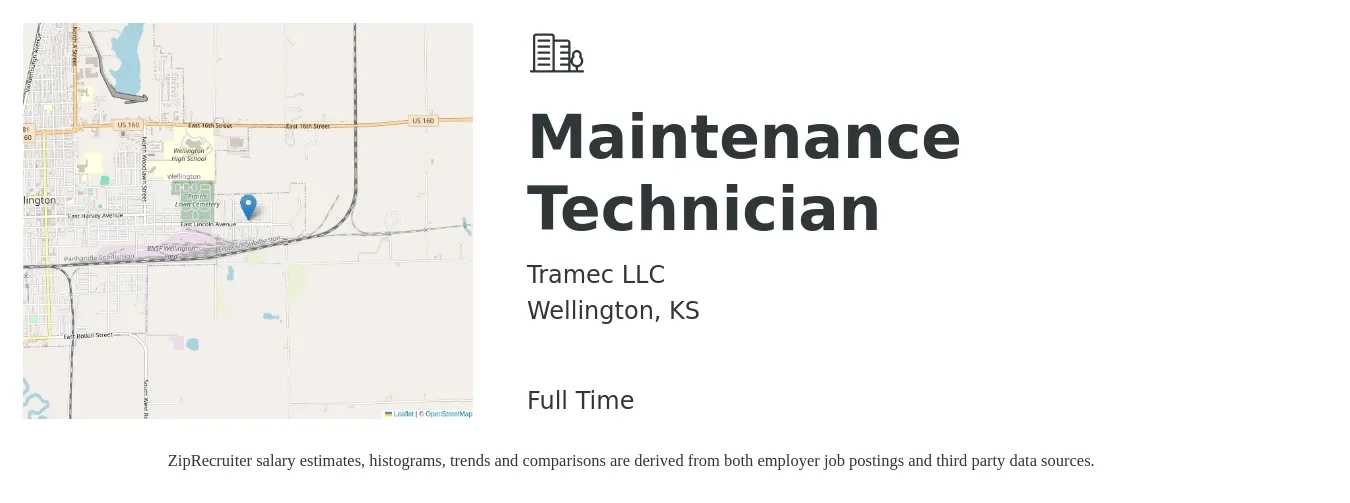 Tramec LLC job posting for a Maintenance Technician in Wellington, KS with a salary of $16 to $22 Hourly with a map of Wellington location.