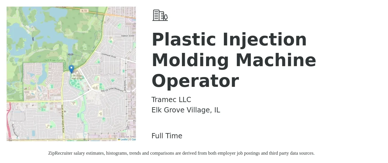 Tramec LLC job posting for a Plastic Injection Molding Machine Operator in Elk Grove Village, IL with a salary of $16 to $19 Hourly with a map of Elk Grove Village location.