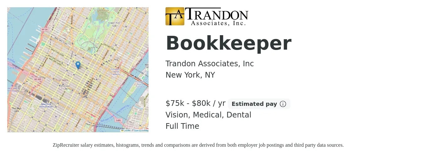 Trandon Associates, Inc job posting for a Bookkeeper in New York, NY with a salary of $75,000 to $80,000 Yearly and benefits including dental, life_insurance, medical, pto, retirement, and vision with a map of New York location.