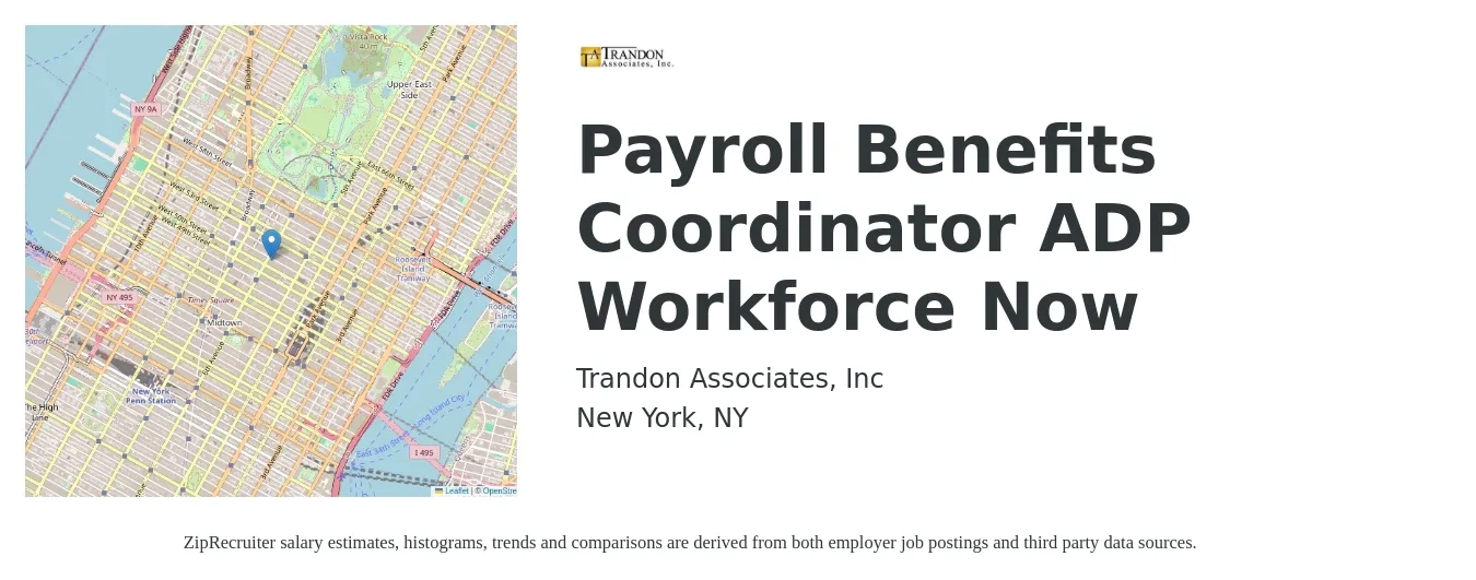 Trandon Associates job posting for a Payroll Benefits Coordinator ADP Workforce Now in New York, NY with a salary of $25 to $34 Hourly with a map of New York location.