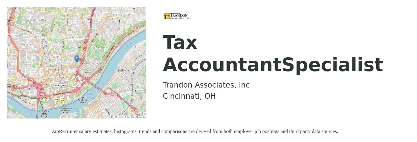 Trandon Associates job posting for a Tax AccountantSpecialist in Cincinnati, OH with a salary of $106,600 to $139,700 Yearly with a map of Cincinnati location.
