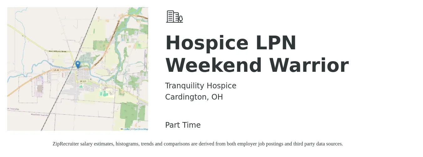 Tranquility Hospice job posting for a Hospice LPN Weekend Warrior in Cardington, OH with a salary of $27 to $28 Hourly with a map of Cardington location.