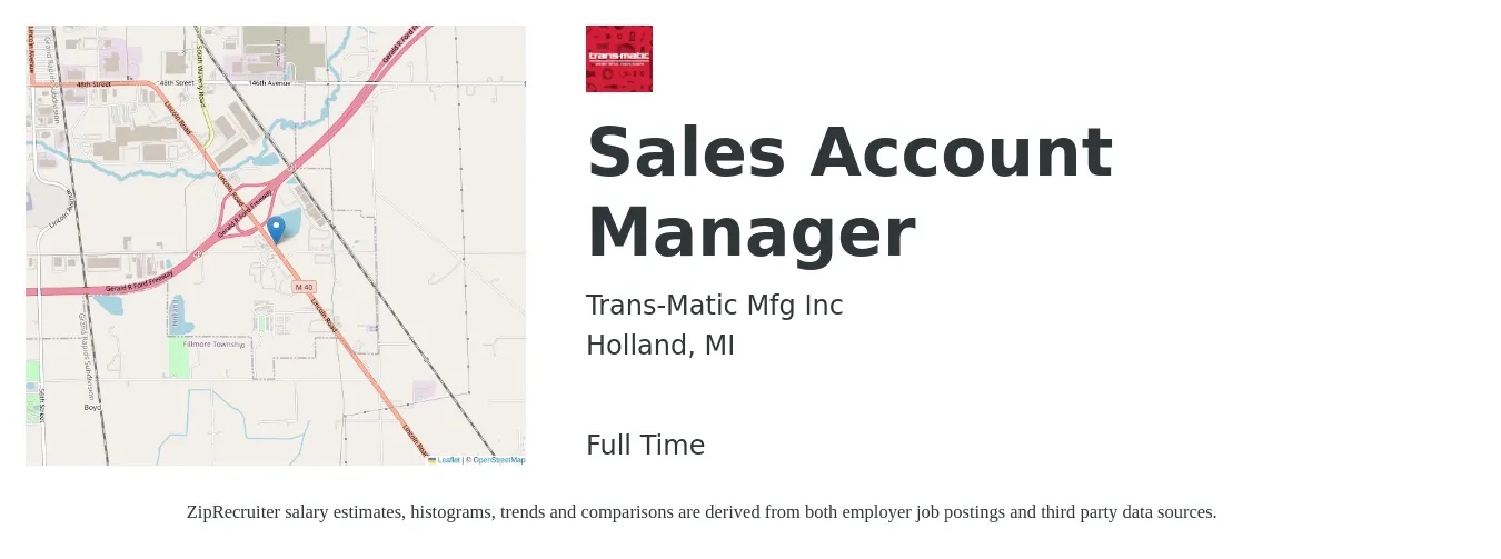 Trans-Matic Mfg Inc job posting for a Sales Account Manager in Holland, MI with a salary of $47,100 to $74,600 Yearly with a map of Holland location.