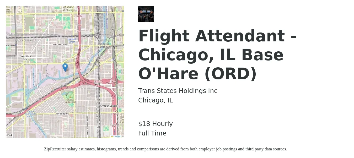 Trans States Holdings Inc job posting for a Flight Attendant - Chicago, IL Base O'Hare (ORD) in Chicago, IL with a salary of $20 Hourly with a map of Chicago location.