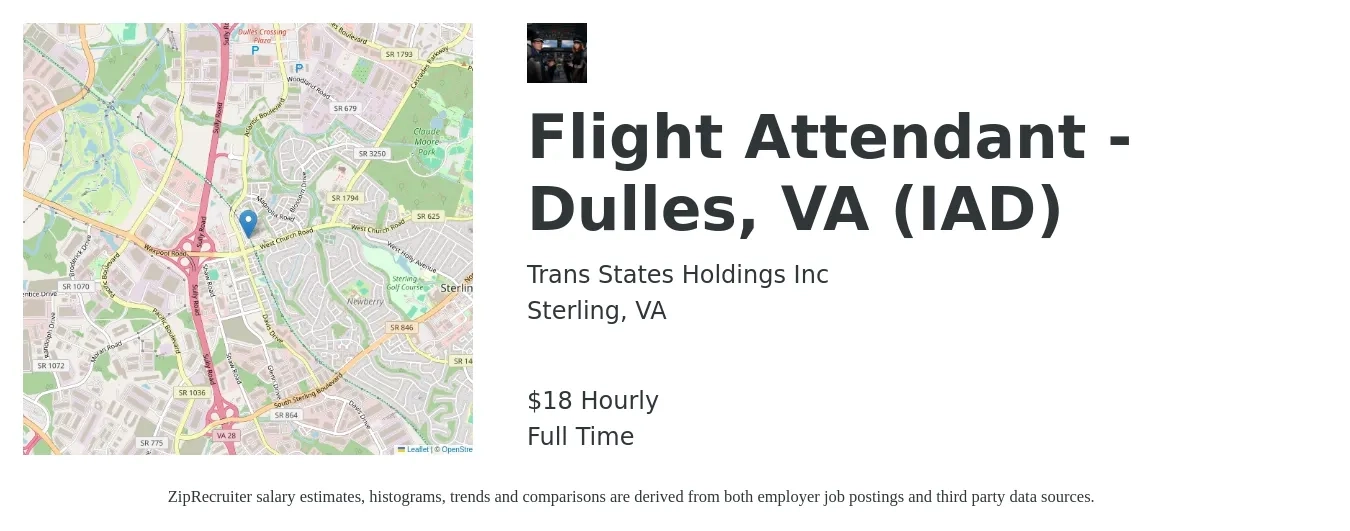 Trans States Holdings Inc job posting for a Flight Attendant - Dulles, VA (IAD) in Sterling, VA with a salary of $20 Hourly with a map of Sterling location.