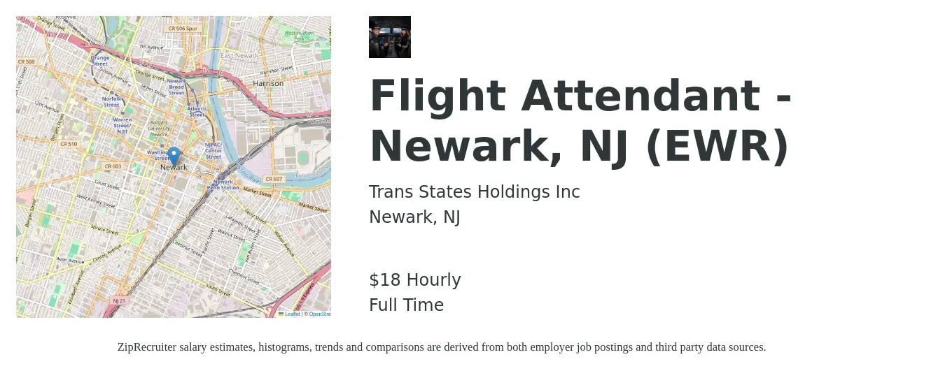 Trans States Holdings Inc job posting for a Flight Attendant - Newark, NJ (EWR) in Newark, NJ with a salary of $20 Hourly with a map of Newark location.