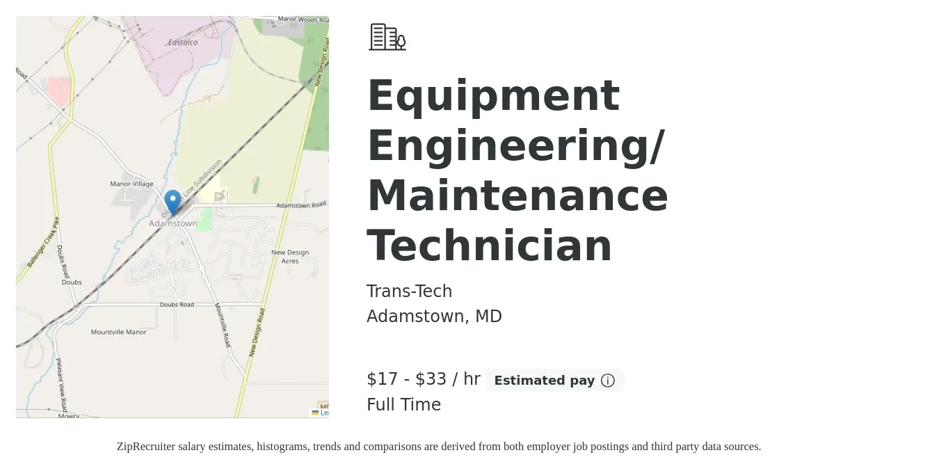 Trans-Tech job posting for a Equipment Engineering/ Maintenance Technician in Adamstown, MD with a salary of $18 to $35 Hourly with a map of Adamstown location.