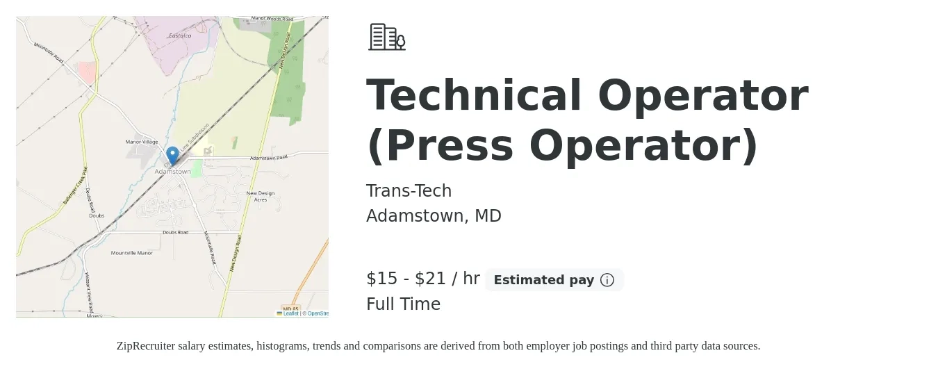 Trans-Tech job posting for a Technical Operator (Press Operator) in Adamstown, MD with a salary of $16 to $22 Hourly with a map of Adamstown location.