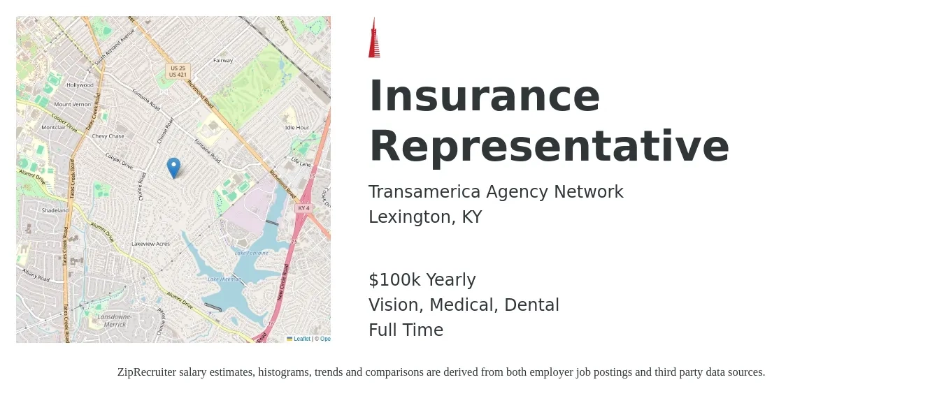 Transamerica Agency Network job posting for a Insurance Representative in Lexington, KY with a salary of $100,000 Yearly and benefits including life_insurance, medical, retirement, vision, and dental with a map of Lexington location.
