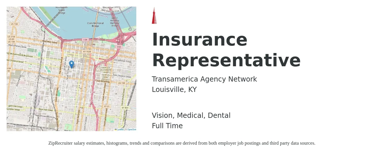 Transamerica Agency Network job posting for a Insurance Representative in Louisville, KY with a salary of $58,600 to $74,000 Yearly and benefits including dental, life_insurance, medical, retirement, and vision with a map of Louisville location.