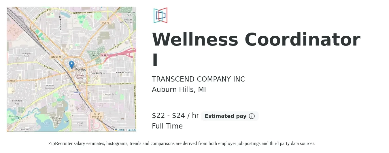 TRANSCEND COMPANY INC job posting for a Wellness Coordinator I in Auburn Hills, MI with a salary of $23 to $25 Hourly with a map of Auburn Hills location.