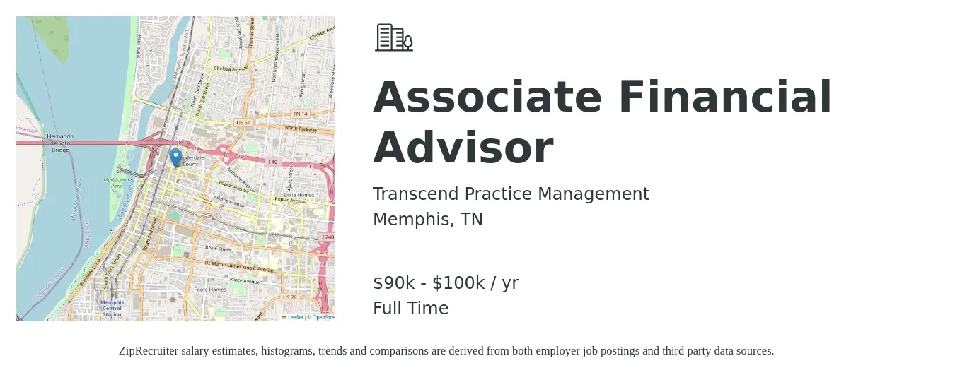 Transcend Practice Management job posting for a Associate Financial Advisor in Memphis, TN with a salary of $90,000 to $100,000 Yearly with a map of Memphis location.