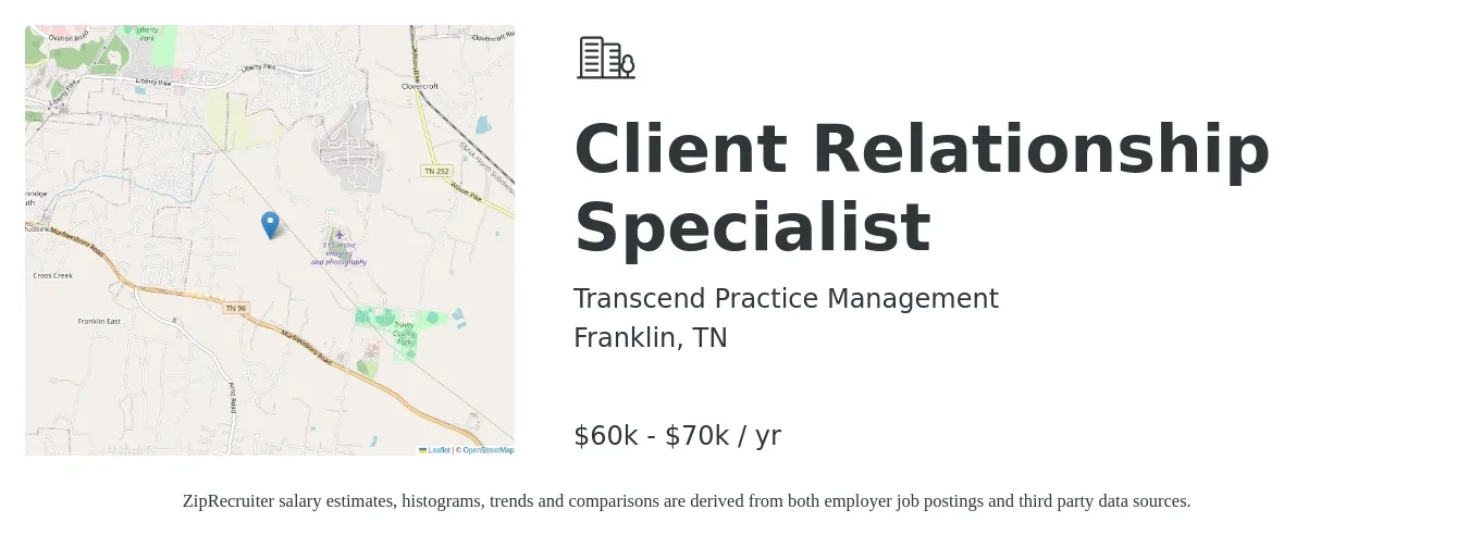 Transcend Practice Management job posting for a Client Relationship Specialist in Franklin, TN with a salary of $18 to $26 Hourly with a map of Franklin location.