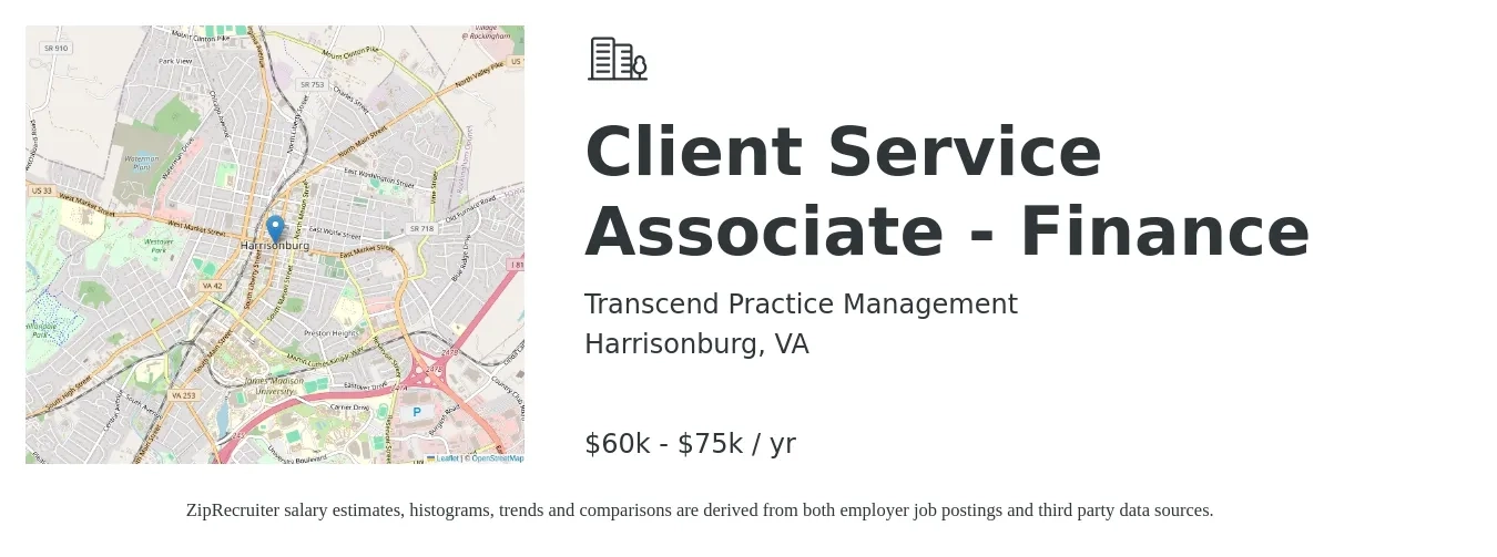 Transcend Practice Management job posting for a Client Service Associate - Finance in Harrisonburg, VA with a salary of $60,000 to $75,000 Yearly with a map of Harrisonburg location.