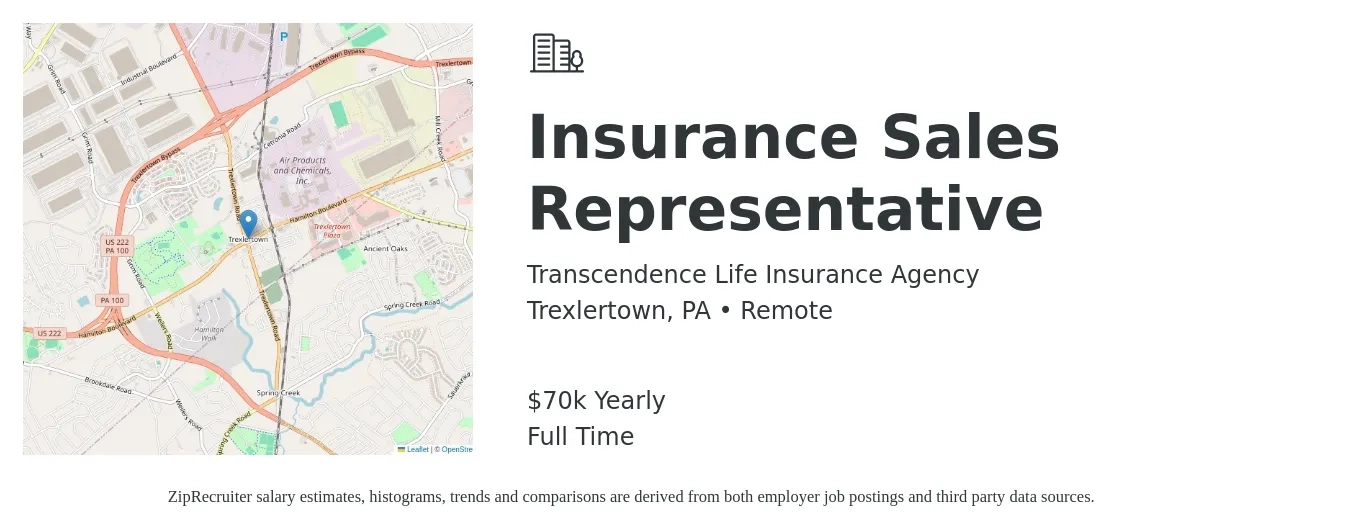 Transcendence Life Insurance Agency job posting for a Insurance Sales Representative in Trexlertown, PA with a salary of $70,000 Yearly with a map of Trexlertown location.