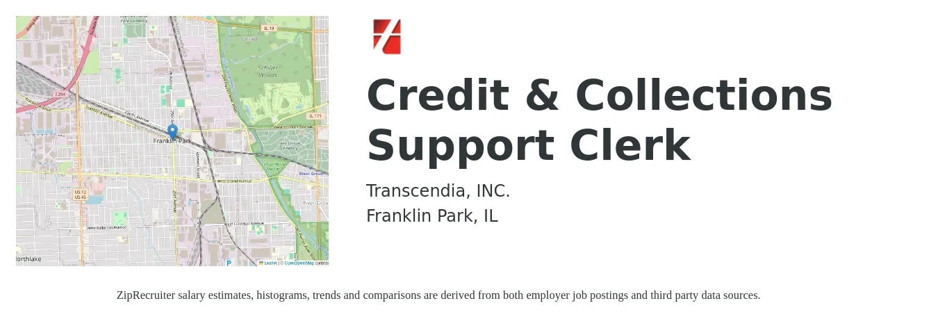 Transcendia, INC. job posting for a Credit & Collections Support Clerk in Franklin Park, IL with a salary of $17 to $22 Hourly with a map of Franklin Park location.