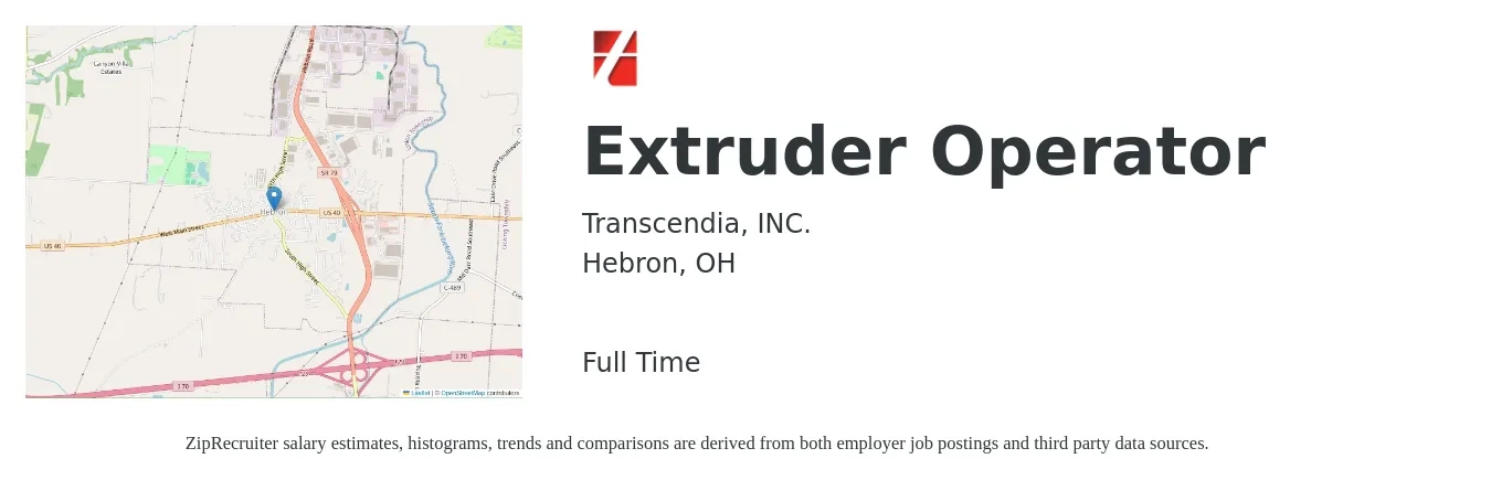 Transcendia, INC. job posting for a Extruder Operator in Hebron, OH with a salary of $16 to $20 Hourly with a map of Hebron location.