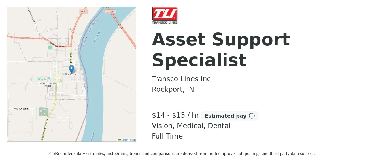 Transco Lines Inc. job posting for a Asset Support Specialist in Rockport, IN with a salary of $15 to $16 Hourly and benefits including vision, dental, life_insurance, and medical with a map of Rockport location.