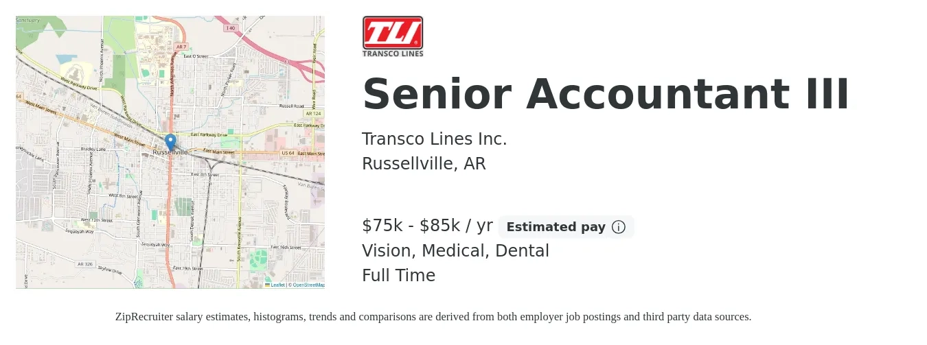 Transco Lines Inc. job posting for a Senior Accountant III in Russellville, AR with a salary of $75,000 to $85,000 Yearly and benefits including medical, vision, dental, and life_insurance with a map of Russellville location.