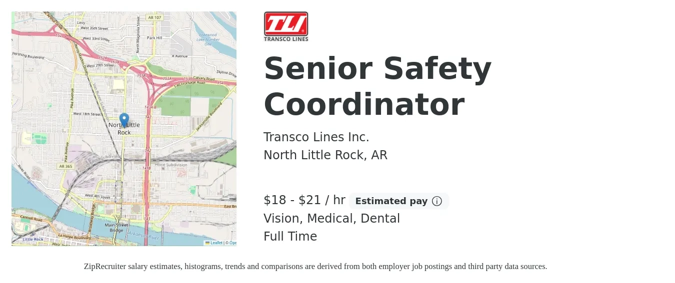 Transco Lines Inc. job posting for a Senior Safety Coordinator in North Little Rock, AR with a salary of $19 to $22 Hourly and benefits including dental, life_insurance, medical, and vision with a map of North Little Rock location.