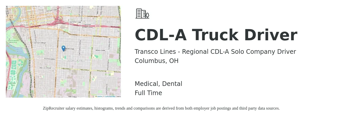 Transco Lines - Regional CDL-A Solo Company Driver job posting for a CDL-A Truck Driver in Columbus, OH with a salary of $1,190 to $1,740 Weekly and benefits including medical, retirement, and dental with a map of Columbus location.